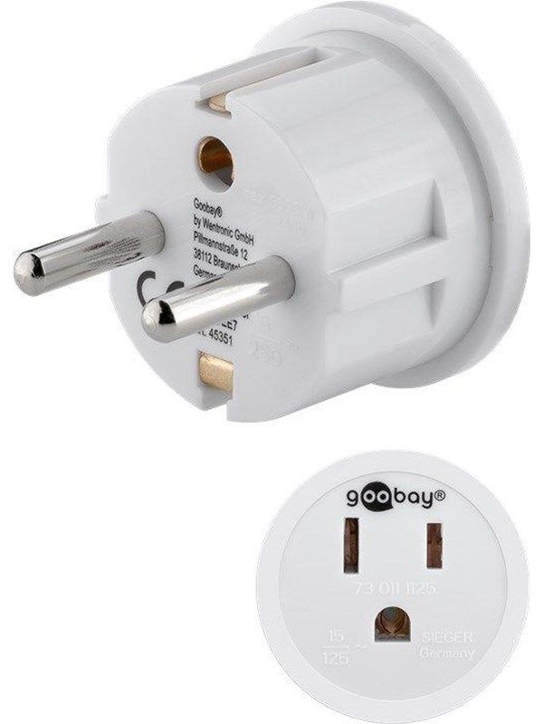 Goobay Nätadapter USA/Japan, vit stickkontakt med skyddsjord (typ F, CEE 7/7) > amerikanskt/japanskt uttag (typ B, NEMA 5-15, 3-polig)