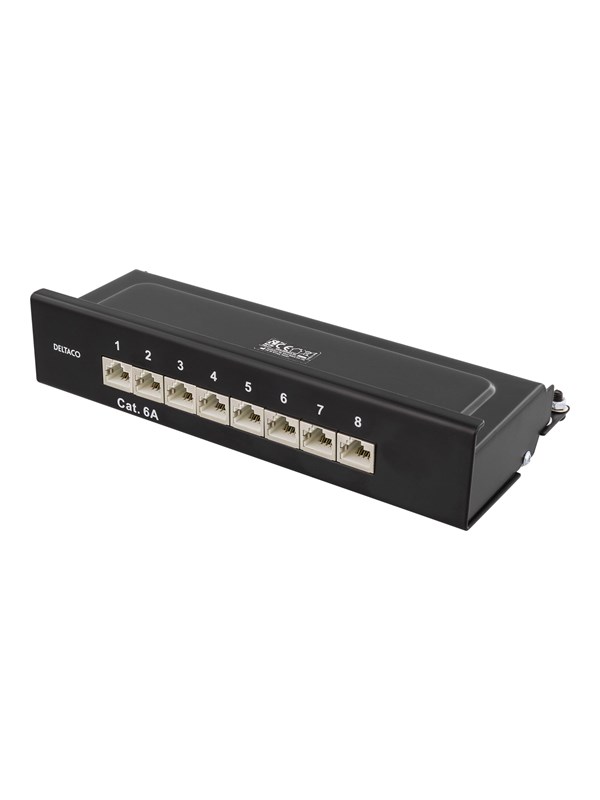 DELTACO kytkentäpaneeli, 8xRJ45, Cat6a, seinäasennus, 10Gbps, musta