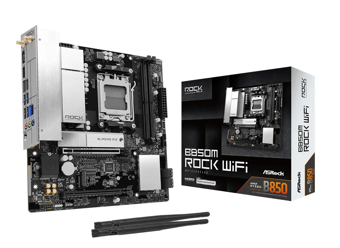 Emolevy ASRock MB Sc AM5 B850M ROCK WIFI, AMD B850, 4xDDR5, 1xDP, 1xHDMI, WiFi, mATX