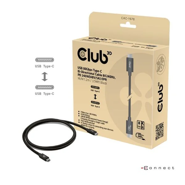 Club 3D Club3D Kabelis USB4 v2 Type-C, 80Gbps, kabelis sertifiointi, 4K540Hz, 16K60Hz, PD 240W, 1m