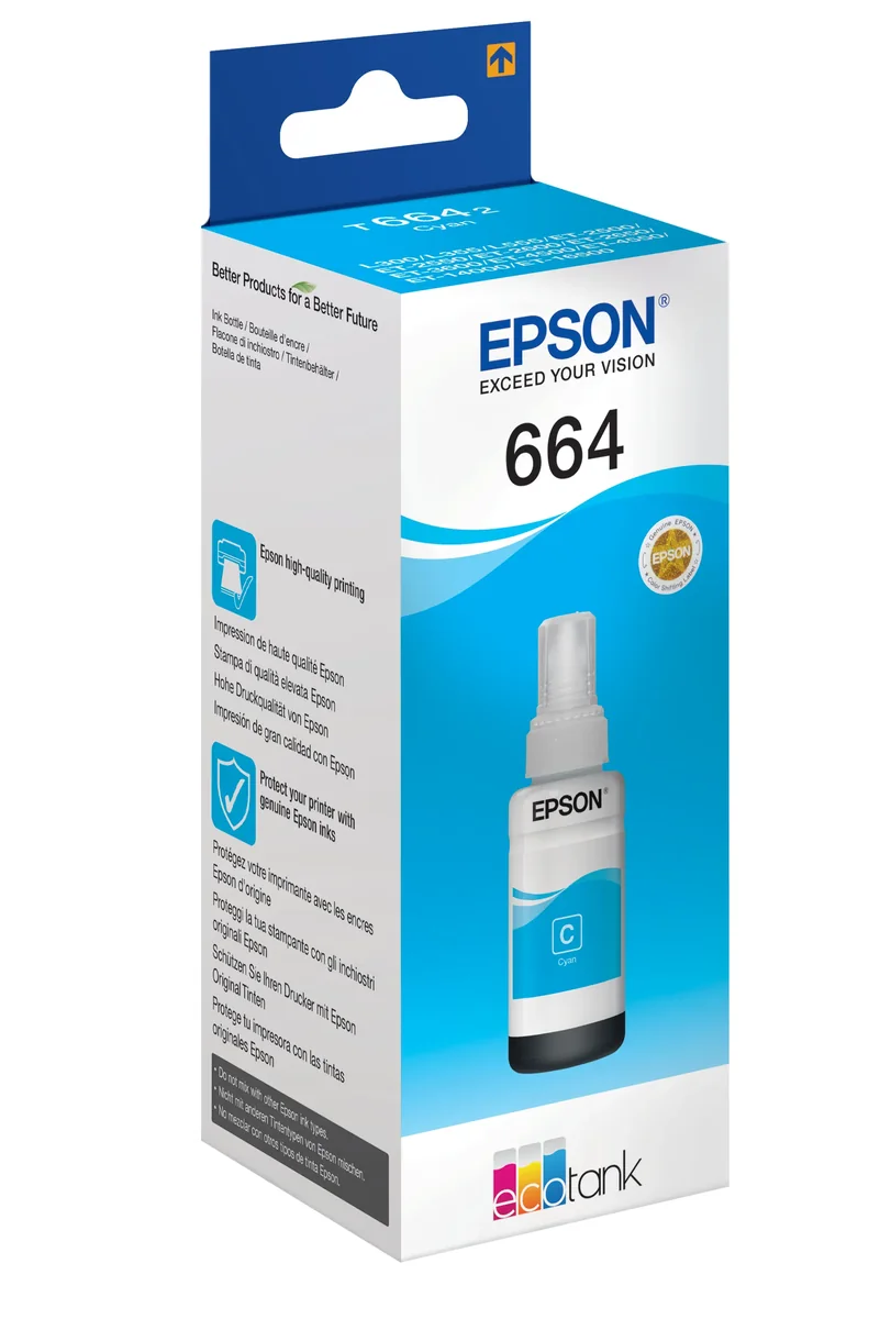 Epson 664 EcoTank -mustepullo, syaani, Syaani, Epson, EcoTank L555 EcoTank L355 EcoTank ET-4550 EcoTank ET-4500 EcoTank ET-3600 EcoTank ET-2650 EcoTank..., 70 ml, Harmaa, 70 ml