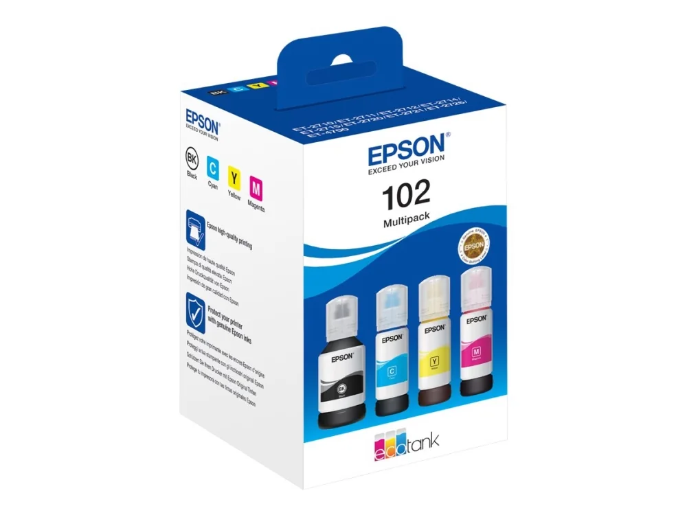 Epson 102 EcoTank 4-colour Multipack, Alkuperäinen, Musta, Syaani, Magenta, Keltainen, Epson, EcoTank ET-4750 Unlimited EcoTank ET-4750 EcoTank ET-3750 Unlimited EcoTank ET-3750 EcoTank..., 127 ml, 70 ml