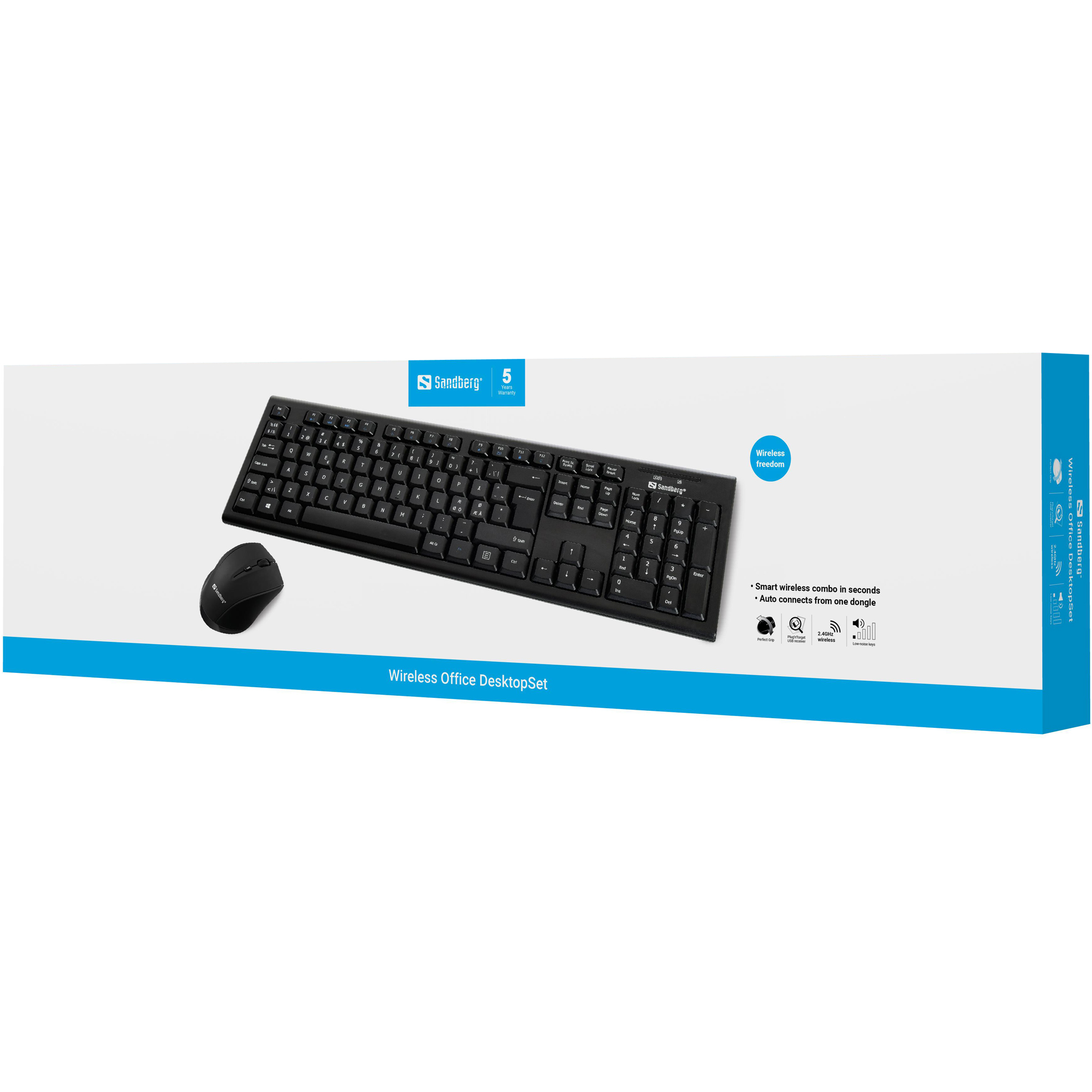 Sandberg Wireless Office DesktopSet Nor, Langaton, Langaton RF, Mekaaninen, QWERTY, Musta, Sisältää hiiren