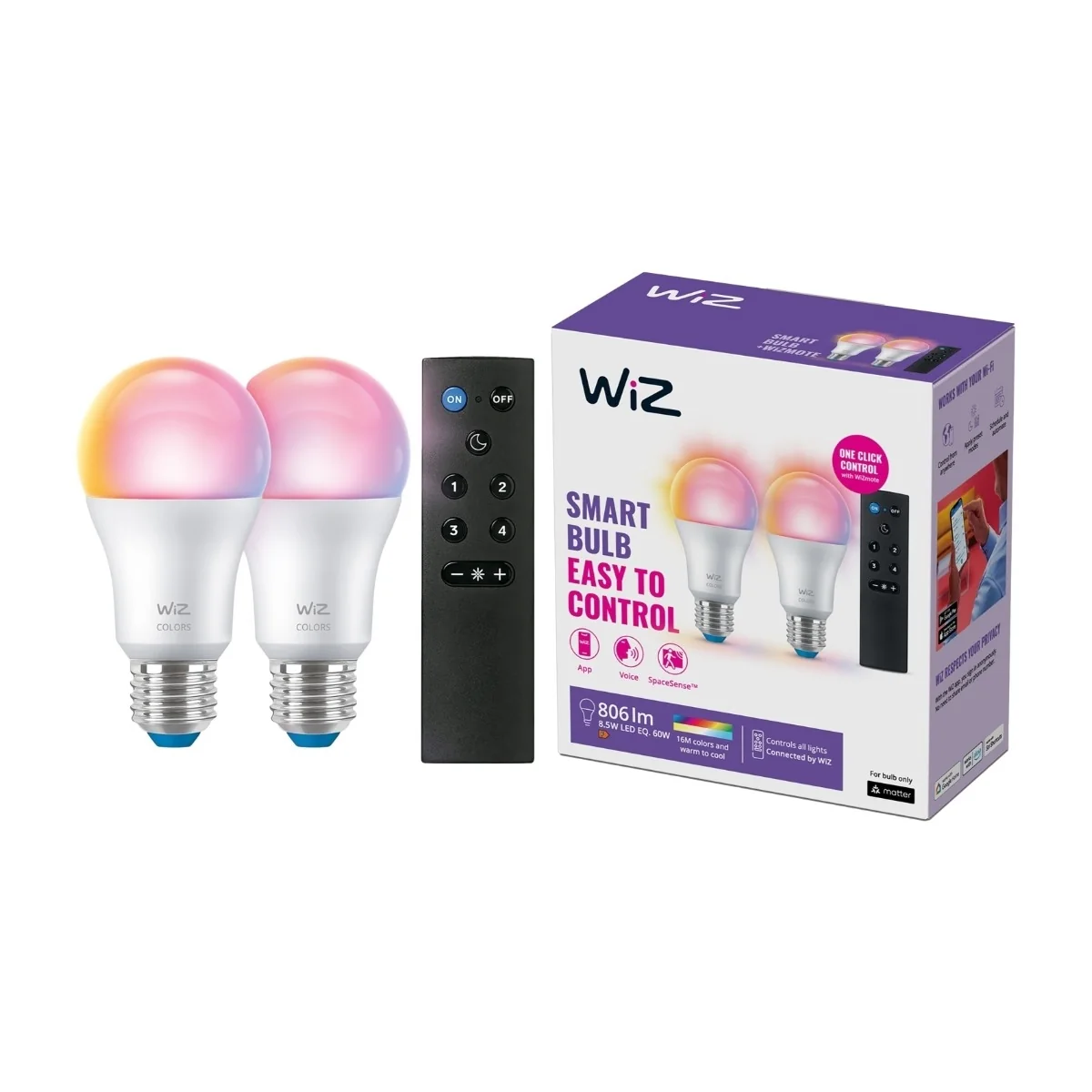 WiZ Color A60 E27 LED-lamppu, 2 kpl + -kaukosäädin - RGB/16 miljoonaa väriä + himmennettävä valkoinen LED-valo