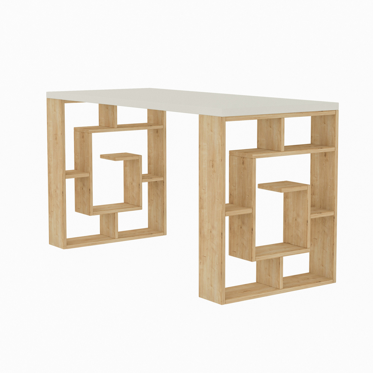 Norda Design Moderni opiskelupöytä hyllyillä, valkoinen ja tammi, 140 x 75 x 60 cm | 100 % melamiinipäällystetty, 25 mm työtaso