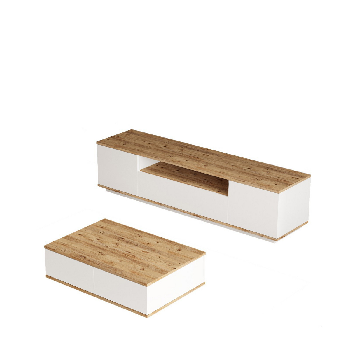 Norda Design moderni olohuoneen huonekalusetti, Atlantic Pine & valkoinen, 100 % melamiini, TV-taso & sohvapöytä | tyylikäs & toimiva