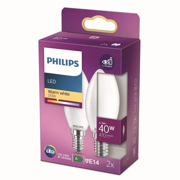 Philips LED-golfpallolamppu E14 4,3W 2700K opal 2x