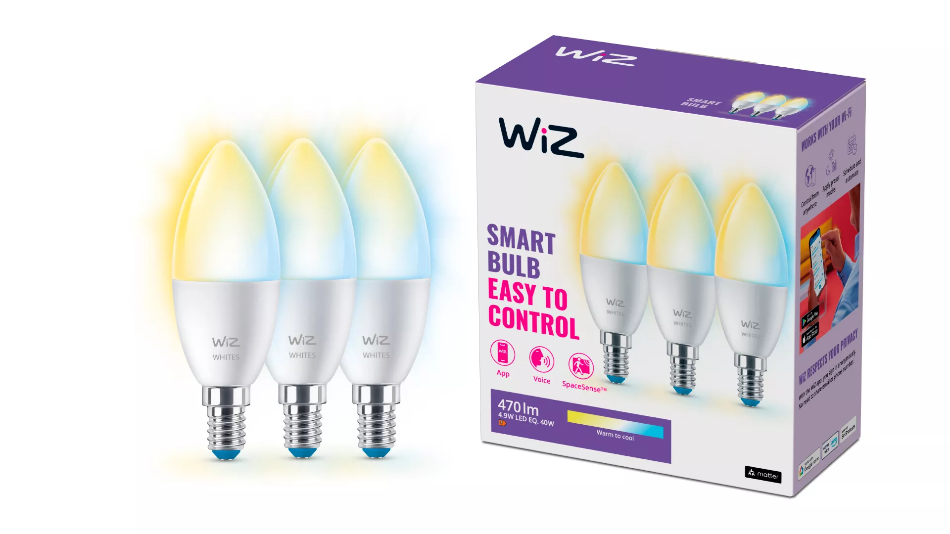WiZ WiFi Smart LED E14 Kron 40W Varm-kallvit 470 lm 3 pack