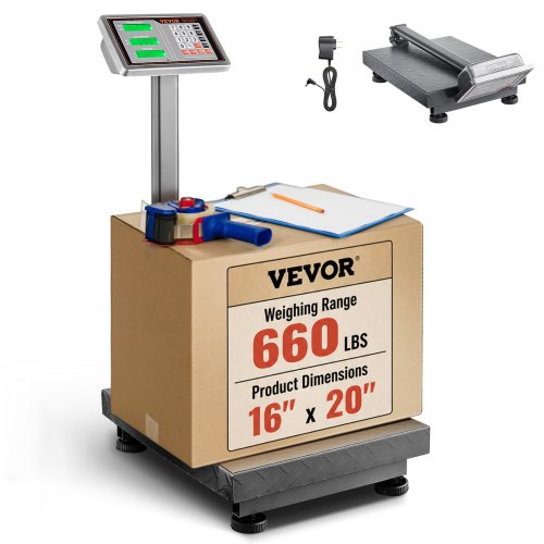 VEVOR Computing Digital Platform Scale, 300 kg Load, 50 g High Accuracy, Electronic Floor Scale with LB/KG, Tare, Price Calculator, AC/DC Power Supply, Fit for Luggage, Shipping, Packages, Postage