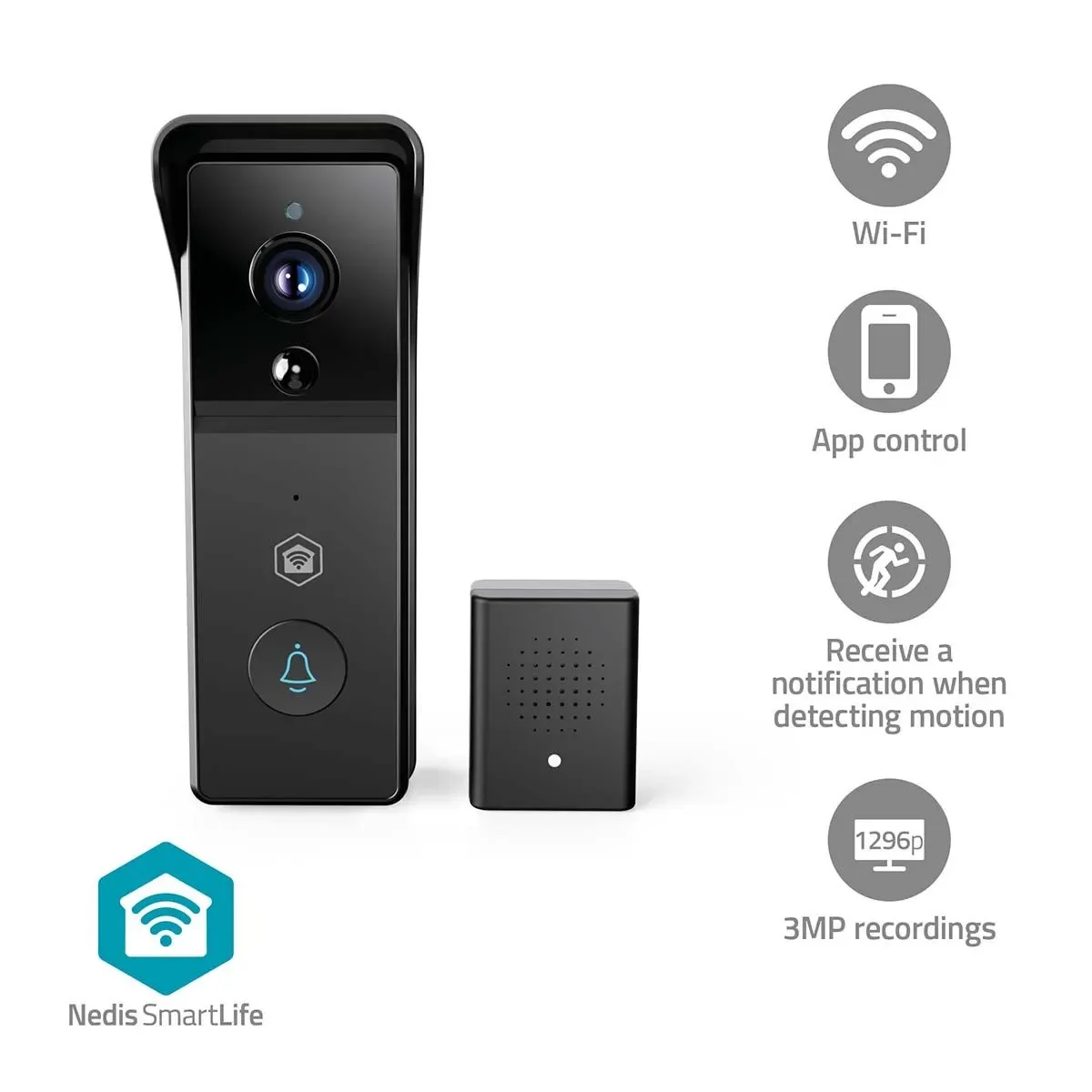 Nedis SmartLife Video Doorphone Wi-Fi Battery 3MP Full HD 1296p Cloud Storage (option) / microSD (not included) IP44 With motion sensor Night vision Black