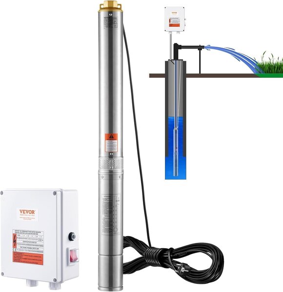 VEVOR Deep Well Submersible Pump, 2200W 230V, 9.8 m3/h Flow 144 m Head, with 19.4 m Cord & External Control Box, Stainless Steel Water Pumps for Industrial Irrigation and Home Use, IP68 Waterproof