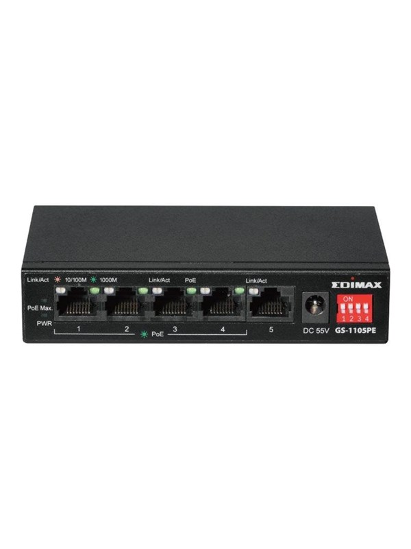 Pitkän kantaman 5-porttinen Gigabit PoE+ -kytkin, jossa on 4 PoE+-porttia ja DIP-kytkin.