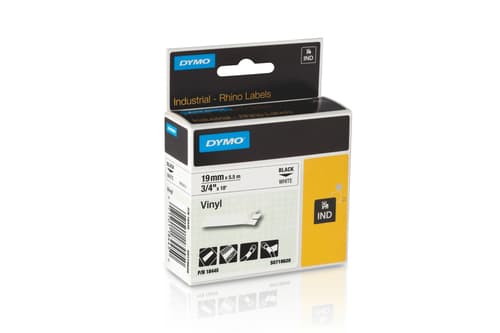 DYMO Rhino -vinyyliteipit, 19 mm x 5,5 m, musta / valkoinen, itseliimautuva