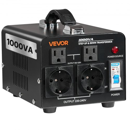 VEVOR Voltage Converter Transformer, 1000VA, Heavy Duty Step Up/Down Power Transformer, Convert from 110V to 220V and 220V to 110V, with US Outlets, EU Outlets, Power Cord, Circuit Breaker Protection