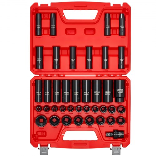 VEVOR 1/2 in Drive Impact Socket Set, 39 Piece, 6 Point Deep & Shallow Impact Sockets, Metric 9 to 30 mm, Cr-V Steel High Durability, with Universal Joint, Dual Size Markings, Heavy Duty Carrying Case