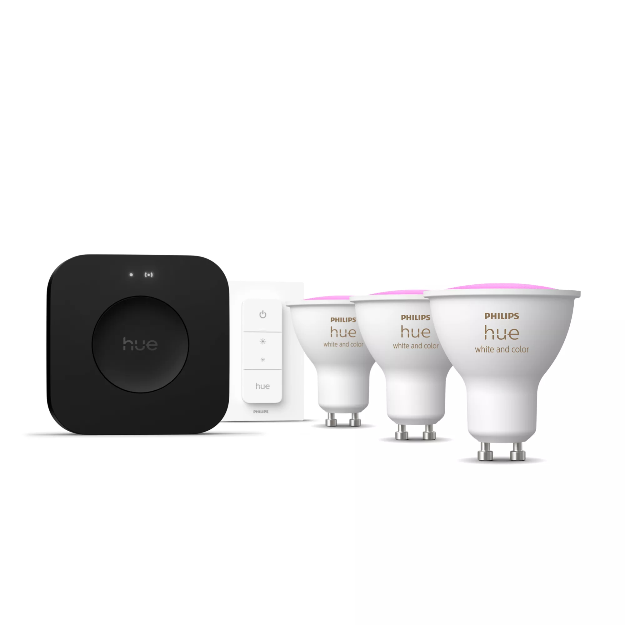 Philips Hue Aloituspakkaus: 3 kpl GU10-lamppua + Dimmer switch + Bridge Pro