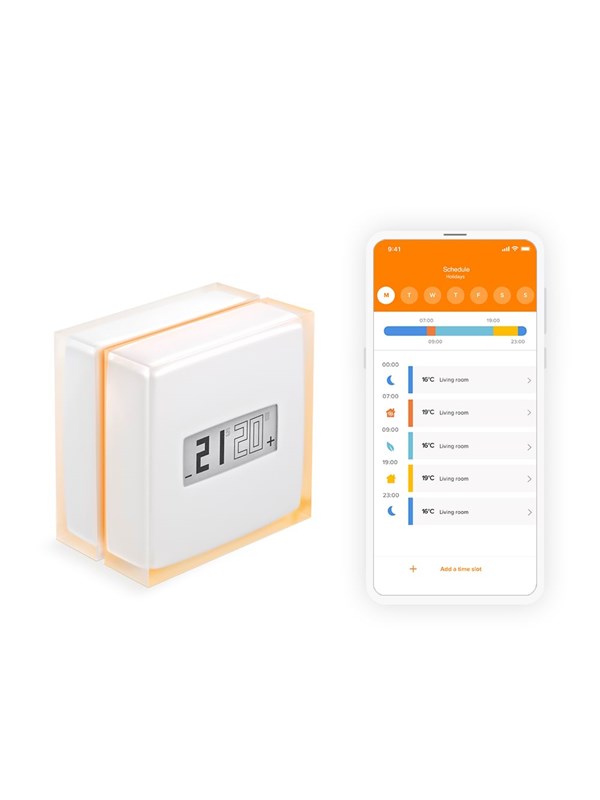 Netatmo Thermostat, RF, 802.11b, 802.11g, Wi-Fi 4 (802.11n), 2,4 GHz, Läpikuultava, Valkoinen, 100 m, 5 - 30 °C