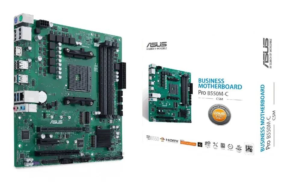ASUS Pro B550M-C/CSM - Emolevy - micro-ATX - Socket AM4 - AMD B550 Chipset - USB-C Gen2, USB 3.2 Gen 1, USB 3.2 Gen 2 - Gigabit LAN - sisäinen grafiikka (CPU tarvitaan) - HD Audio (8-kanavainen)