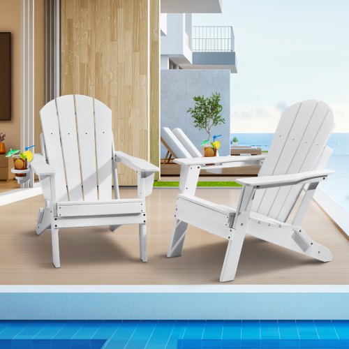 VEVOR Adirondack Chair Plastic, Set of 2 All-Weather Portable Folding Fire Pit Chair, Outdoor Adirondack Patio Chair with Cup Holder, with Relaxing Arm Rest Ergonomic, for Garden, Backyard - White