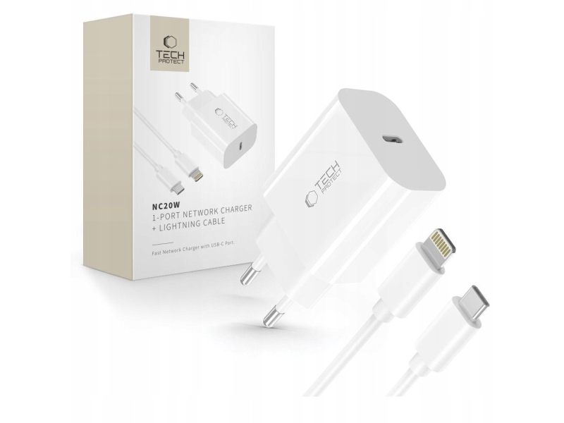 Tech-Protect NC20W AC Charger with USB-C / Lighting Cable 100 cm - White