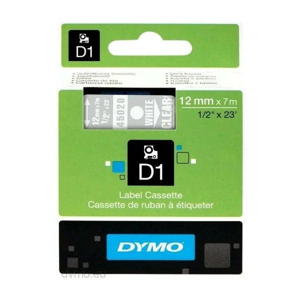 DYMO D1 märktejp standard 12mm, vit på klar, 7m rulle