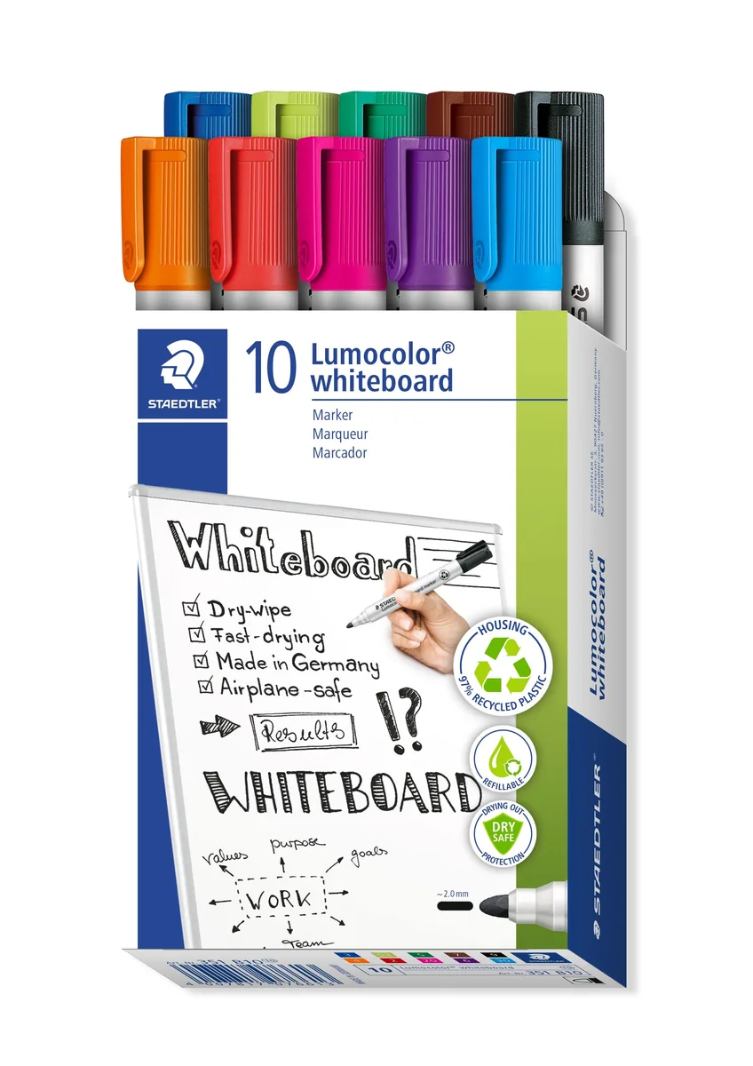 Staedtler Lumocolor 351 B10, 10 kpl, Musta, Sininen, Ruskea, Vihreä, Vaaleansininen, Vaaleanvihreä, Oranssi, Vaaleanpunainen,..., Pyöreä pää, Pyöreä, 2 mm, Laatikko