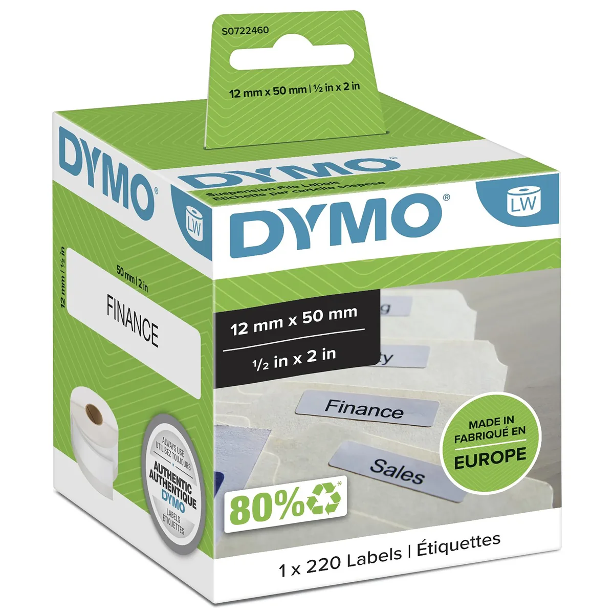 DYMO LW -jousitiedostotarrat, 12 mm x 50 mm, rulla 220 helppokäyttöistä tarraa, itseliimautuva, LabelWriter-tarratulostimille, aito