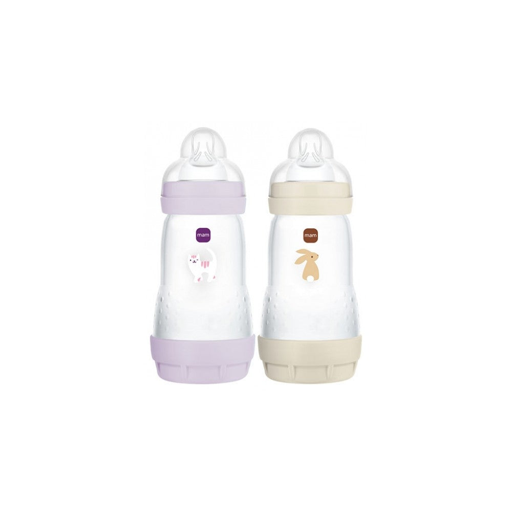 "MAM Easy Start Anti-Colic Bottle 2 kuukautta+ - Keskivirtaus - ""Feline"" Lilac + ""Fox"" Sand 2x260ml Erä × 2"