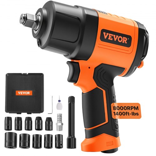 VEVOR 1.3 cm Air Impact Wrench, High Torque Up to 1894.6 Nm, Lightweight 2.1 kg Design Pneumatic Impact Gun with 11-PCS 1.3 cm Drive CR-V Steel Impact Socket Set & Carrying Case