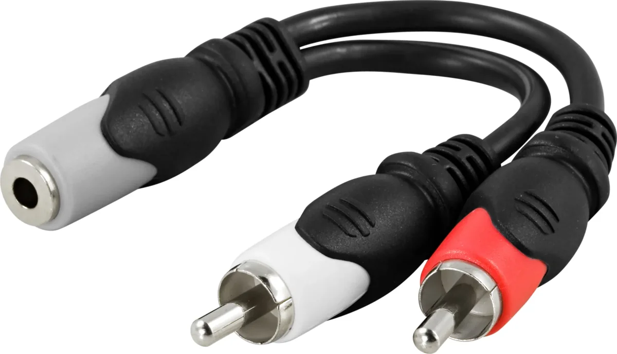 Multimedia-sovitin 3,5mm naaras -> 2xRCA uros, 10cm 3.5 mm - rca adapteri