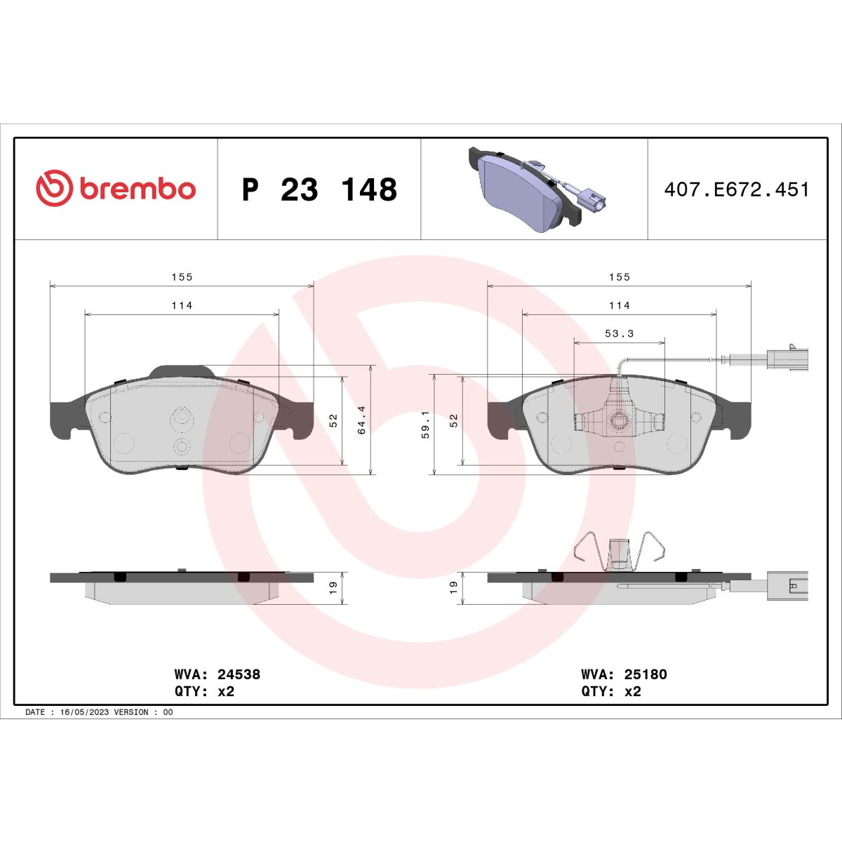 Jarrupalat, levyjarru BREMBO P 23 148X
