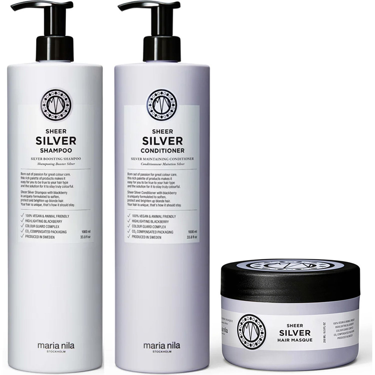Maria Nila Sheer Silver Big Size Kit Shampoo 1000 ml, Conditioner 1000 ml & Travel Bottle