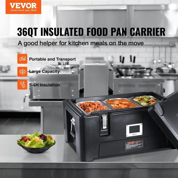 VEVOR Insulated Food Pan Carrier, 36Qt Capacity, Stackable Catering Hot Box with 3 Stainless Steel Pans, Top Load LLDPE Food Warmer with Elastic Side Handles and Buckles, for Restaurant Canteen, Black