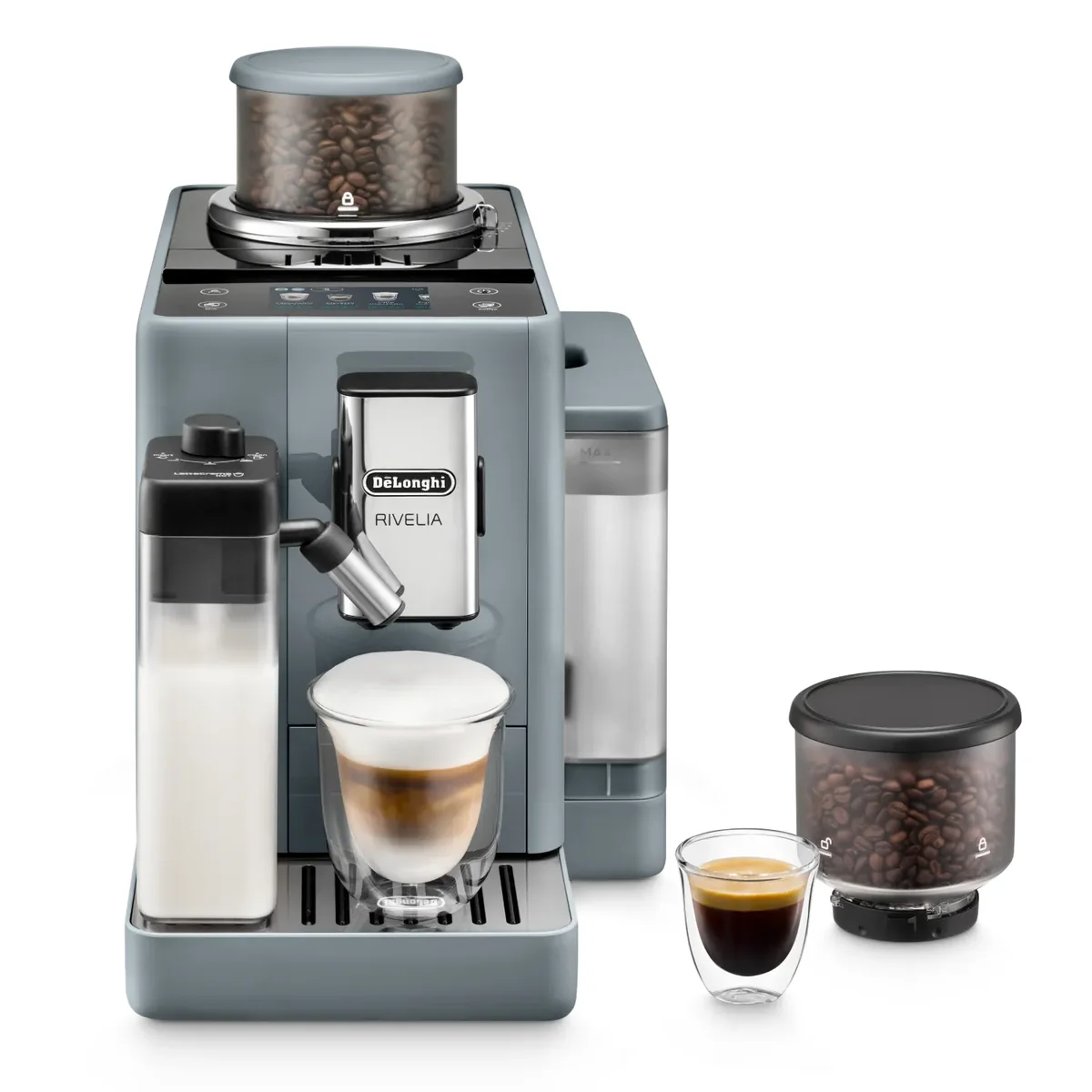 De’Longhi Rivelia EXAM440.55.g, Espressokone, 1,4 L, Kahvipavut, Jauhettu kahvi, Sisäänrakennettu jauhin, 1450 W, Harmaa