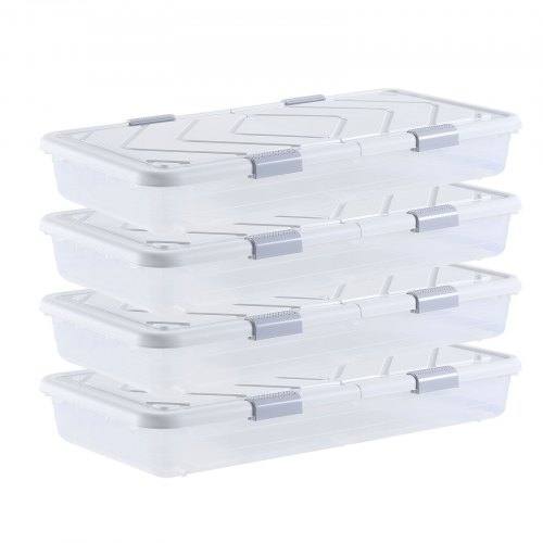 VEVOR Under Bed Storage with Wheels, 805 x 396 x 175 mm Underbed Containers, Underbed Shoes Organizer with Lid and Gray Latch, Rolling Under the Bed Storage Bins for Clothes Shoes Blankets, 4 Pack