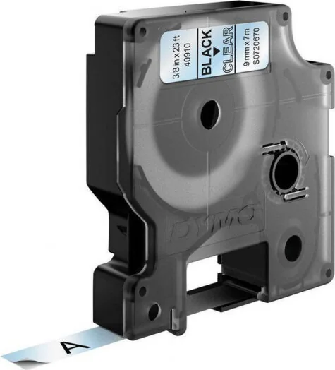 DYMO D1 merkkausteippi, 9mm, läpinäkyvä/musta teksti, 7m - 45010