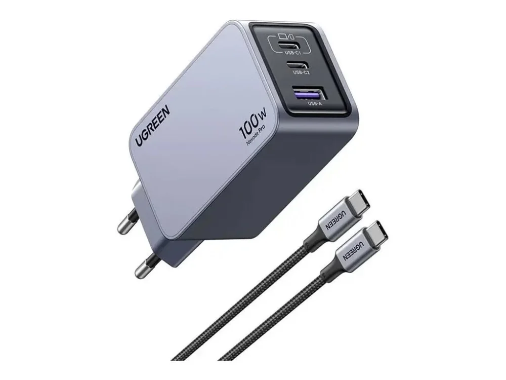 Ugreen Nexode Pro EU 3-Port GaN PD Fast Charger With USB-C Cable, Sisätila, AC, musta, Harmaa