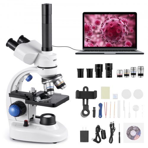 VEVOR Trinocular Microscope for Adult, Professional Compound Microscope Kit with 40-5000X Magnification, Aluminum Alloy Body, Includes LED Light and Phone Holder, for Lab, School, Home, Education