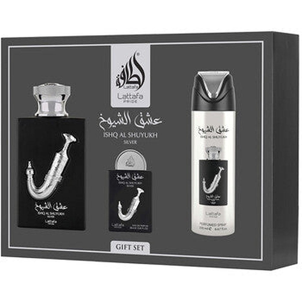 Lattafa-parfyymit — Ishq Al Shuyukh Silver lahjasetti EDP 100 ml, deodoranttisuihke 200 ml ja EDP 20 ml