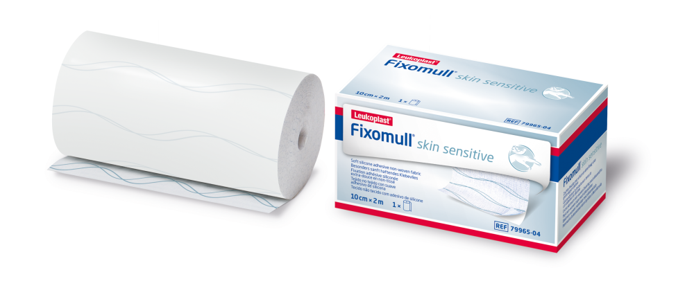 Fixomull Skin Sensitive 10 cm x 2 m rulla, silikonikiinnitys 1 kpl