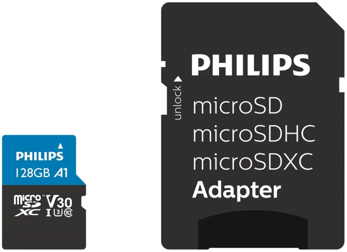 Philips 128 Gt MicroSDXC UHS-I U3 V30 A1 -muistikortti + SD-adapteri, musta