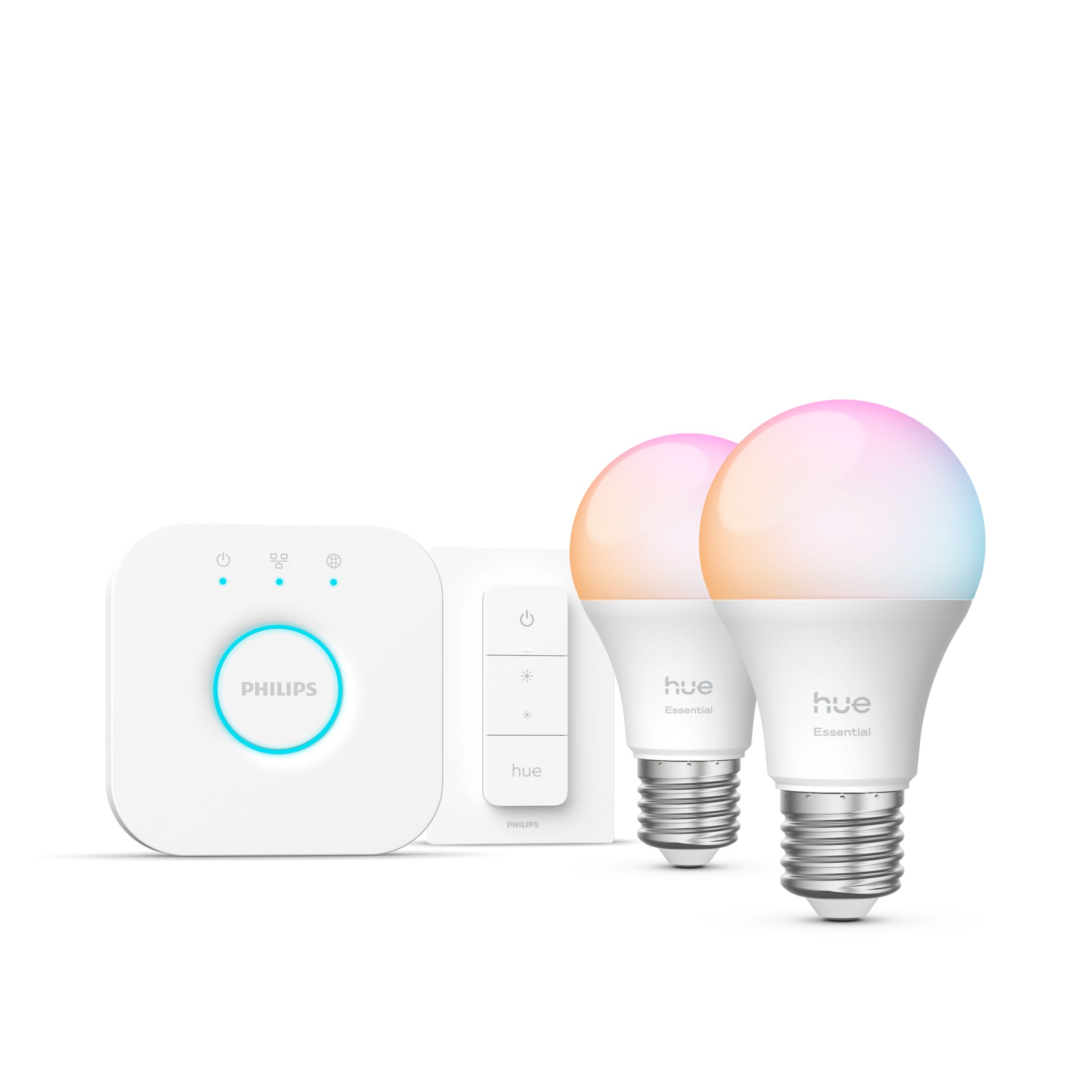 Philips Hue White & Color Ambiance Essential Aloituspakkaus: 2kpl E27-älylamppua (806 Lm) + Dimmer Switch -kytkin