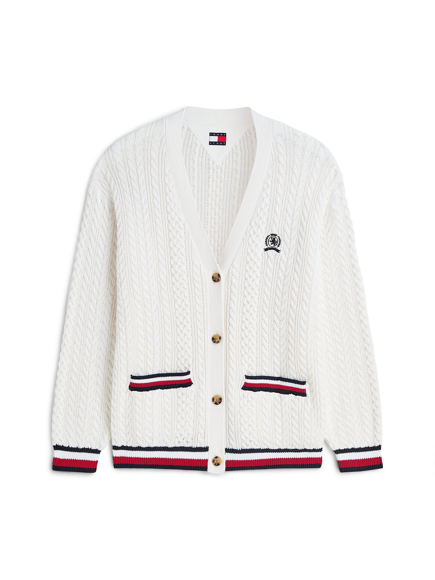 Tommy Jeans Neuletakki 'Global Stripe Oversized Cable' punainen / musta / valkoinen