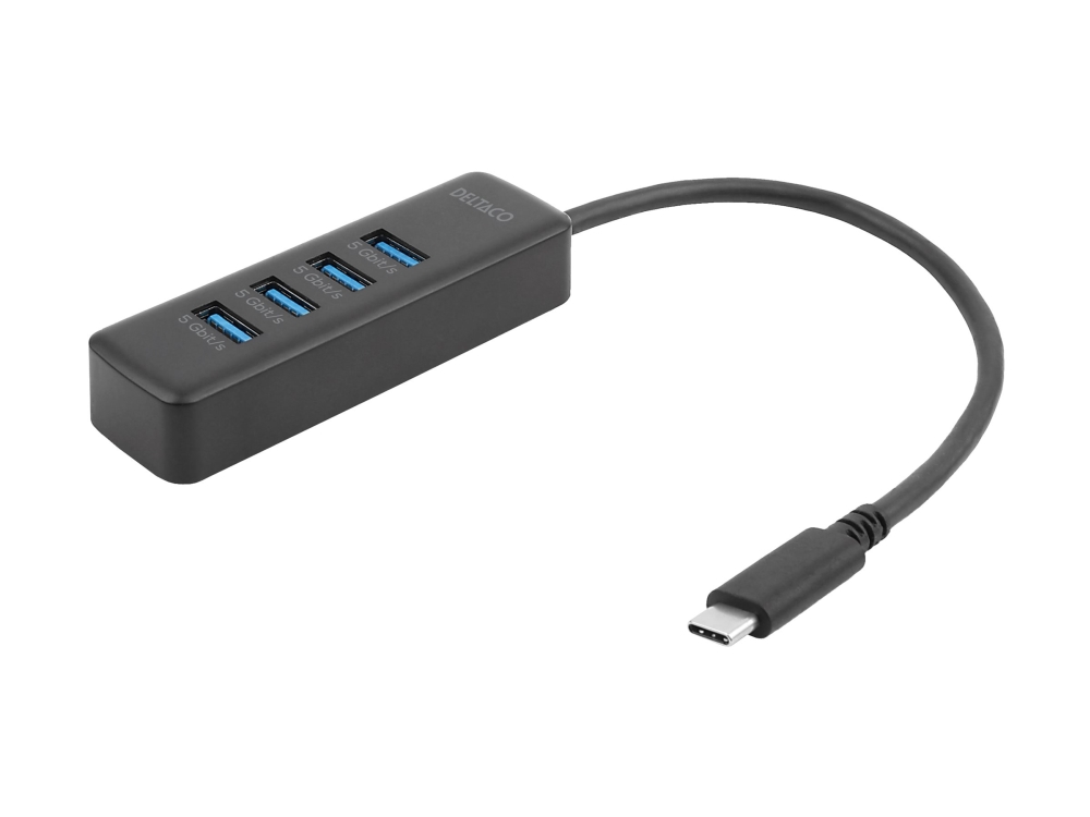 Deltaco USB-C-hubi, 5 Gbps, 4x USB-A, ohut, musta, USB Type-C, USB 3.2 Gen 1 (3.1 Gen 1) Type-A, 5000 Mbit/s, Musta, Pyöreä kaapeli, Kiina