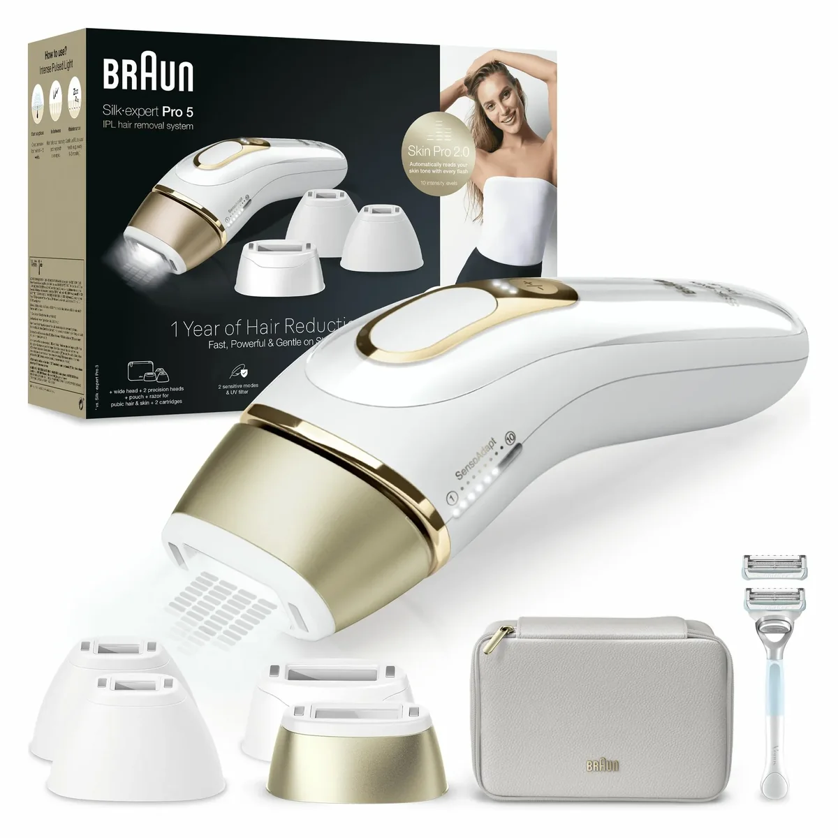 Braun Silk·expert Pro 5 -IPL-ihokarvanpoistolaite, kulta/valkoinen