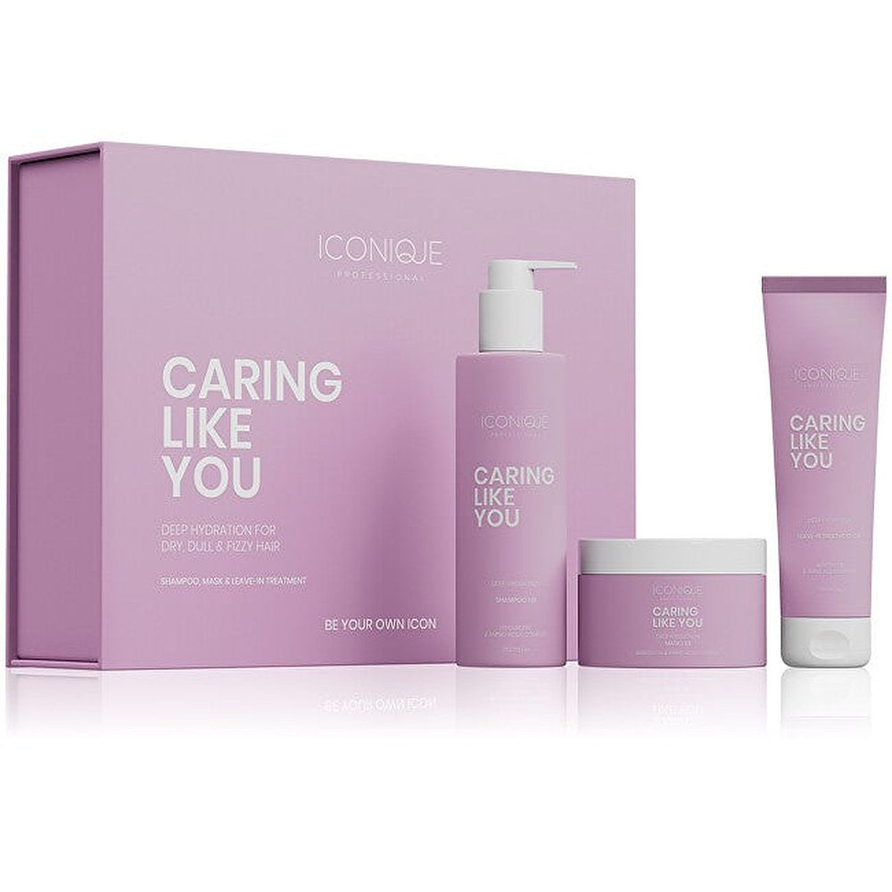 ICONIQUE Professional CARING LIKE YOU Kosteuttava setti: Shampoo 250 ml, jätettävä hoitoaine 150 ml, Maschera 200 ml