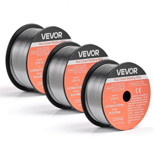 VEVOR Flux Core MIG Welding Wire, E71T-11 0.9mm 0.45kg, Gasless Mild Steel Welding Wire with Low Spatter for All Position Arc Welding, Self-Shielded for Outdoor Use (Pack of 3 Rolls)