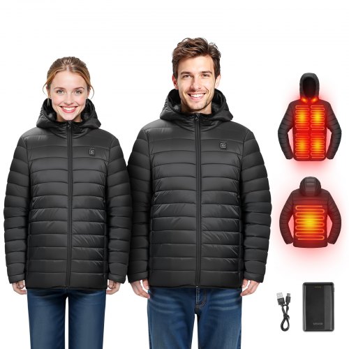 VEVOR Heated Jacket for Men with 7.4V Battery, Soft Shell Electric Heating Coat, Windproof Lightweight Outerwear with 6 Heating Zones & 3 Heat Settings for Hiking, Outdoor Work, Black