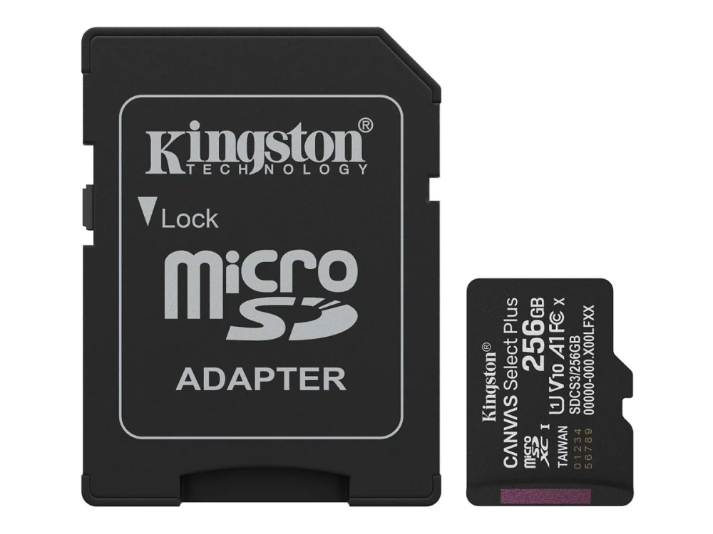 Kingston Technology 256 Gt microSDXC Canvas Select Plus Gen3 150 MB/s A1 -kortti + sovitin, 256 GB, MicroSDXC, Luokka 10, UHS-I, 150 MB/s, Class 1 (U1)