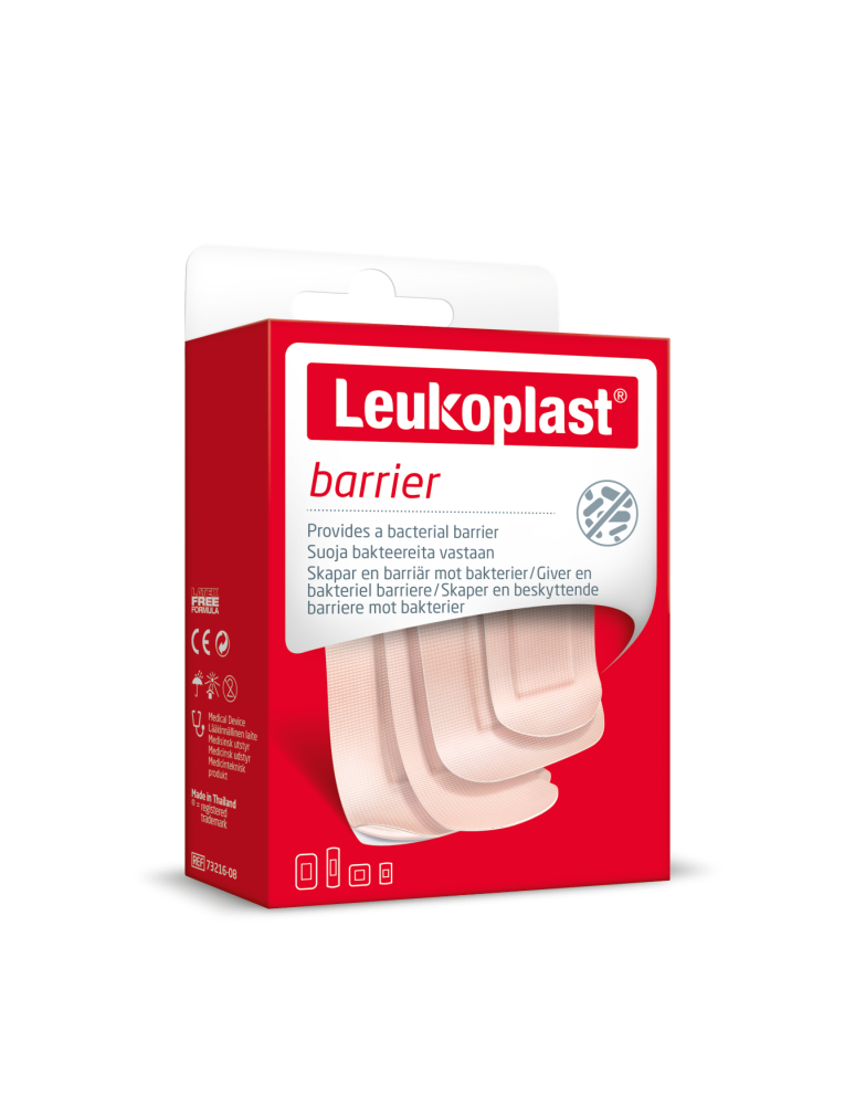 Leukoplast Barrier laastarivalikoima: 22 x 72 mm 8 kpl, 38 x 63 mm 8 kpl, 38 x 38 mm 4 kpl